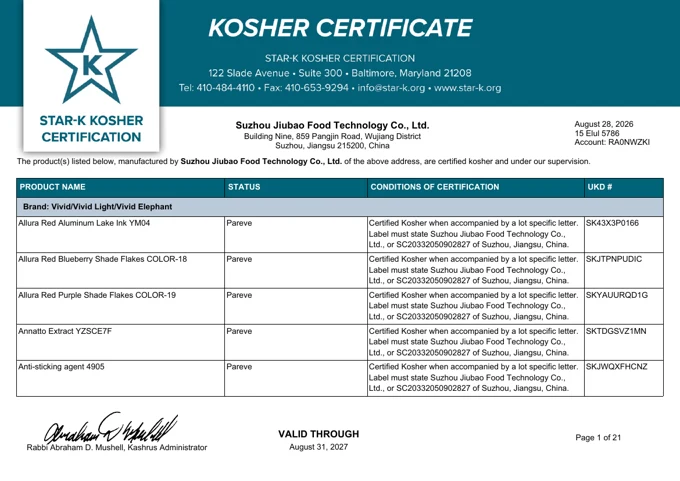 STAR-K Kosher 犹太洁食认证 — 真实证书首页